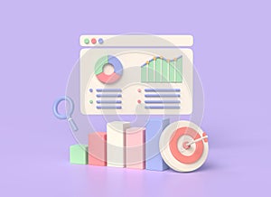 3d graph, target and arrow, chart. data analytics concept. SEO optimization, marketing. illustration isolated on purple background