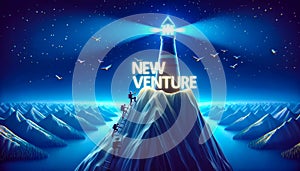 3D graphic of a glowing beacon atop a mountain peak with adventurers climbing toward it. The beacons light projects the phrase NEW