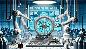 3D graphic of a laboratory setting where robotic arms are meticulously assembling and enhancing an old wheel with new-age