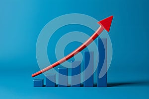 3D graphical representation of rising trend with blue bars and red arrow, indicating growth