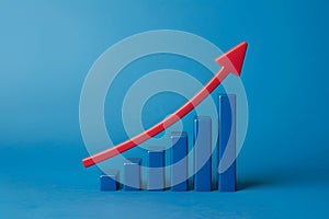 3D graphical representation of rising trend with blue bars and red arrow, indicating growth