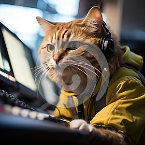 3D graphics of a cute cat listening to music with headphones and working in a call center.