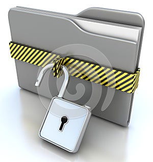 3D gray folder and lock. Data security concept.