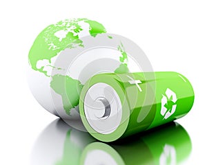 3d Green battery with recycling symbol and earth globe