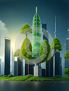 3d green city graph with a green skyscraper with trees for long-term investments, financial growth concept, generative using ai to