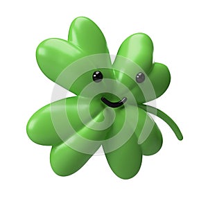 3D Green clover emoji leaf isolated on white background. Four leaf clover icon render with clipping path. Good luck symbol for St