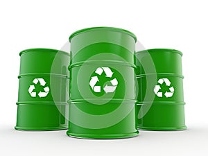 3d green drums with recycle symbol