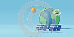 3D Green Earth with solar panels recycling symbol on blue background. Green renewable energy and zero waste. Ecology and