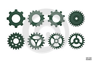 3D green Gear icon set. Transmission cogwheels and gears are isolated on white background.Green Machine gear, setting symbol,