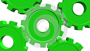 3D green gears rotate . White background. Alpha channel. Close up
