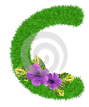 3D â€œGreen grass leaves and purple flowersâ€ creative decorative natural Letter C, Character C isolated in white background.
