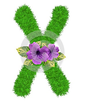 3D â€œGreen grass leaves and purple flowersâ€ creative decorative natural Letter X, Character X isolated in white background.