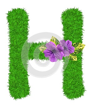 3D â€œGreen grass leaves and purple flowersâ€ creative decorative natural Letter H, Character H isolated in white background.