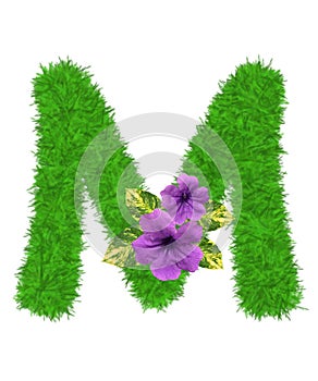 3D â€œGreen grass leaves and purple flowersâ€ creative decorative natural Letter M, Character M isolated in white background.