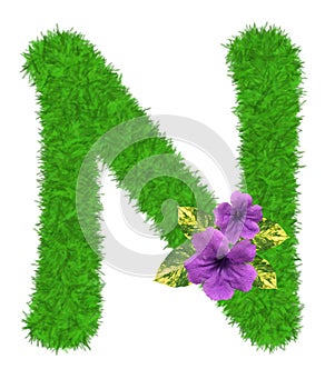 3D â€œGreen grass leaves and purple flowersâ€ creative decorative natural Letter N, Character N isolated in white background.