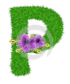 3D â€œGreen grass leaves and purple flowersâ€ creative decorative natural Letter P, Character P isolated in white background.