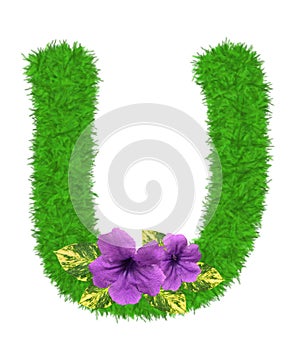 3D â€œGreen grass leaves and purple flowersâ€ creative decorative natural Letter U, Character U isolated in white background.
