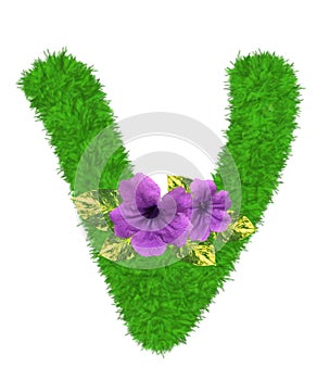3D â€œGreen grass leaves and purple flowersâ€ creative decorative natural Letter V, Character V isolated in white background.
