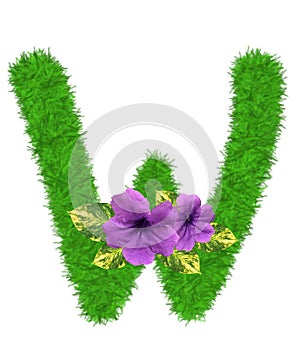 3D â€œGreen grass leaves and purple flowersâ€ creative decorative natural Letter W, Character W isolated in white background.