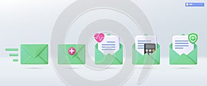 3d Green mail envelope icon set symbol. Render email hospital, Shield, Guarantee health check, Heartbeat icon. health insurance