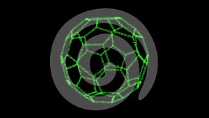 3D green polyhedral ball on black backdrop. Object consisting of flickering particles. Science tutorial concept