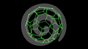 3D green polyhedral ball rotates on its axis black backdrop. Object consisting of flickering particles 60 FPS. Science