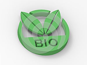 3D green and round icon with two leaves, message of bio, organic, ecologic, healthy lifestyle, environment preservation