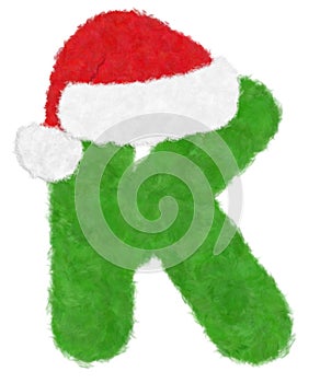 3D â€œGreen wool fur feather letterâ€ creative decorative with Red Christmas hat, Character K isolated in white background