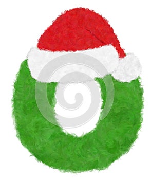 3D â€œGreen wool fur feather letterâ€ creative decorative with Red Christmas hat, Character O isolated in white background