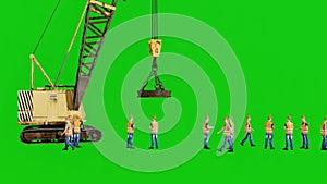 3D Group of Construction Workers with a Crane on Green Screen