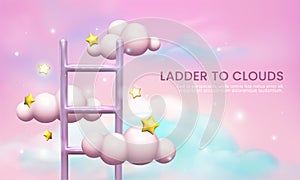 3D growth ladder. Dream clouds. Career level up. Job promotion. Step to success. Iridescent heaven background. Stairway