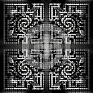 3d halftone circles maze labyrinth greek meanders style silver seamless pattern. Ornamental vector glow mosaic background.