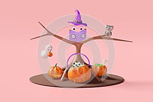 3d halloween day concept with flying witch hat, magic book, eye, magic cauldron pumpkin, tree dead, owl, ghost hand holding carved
