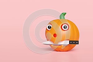 3d halloween day concept with Pumpkin head holding a knife isolated on pink background. holiday party, 3d render illustration