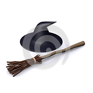 3d Halloween witches hat and broomstick