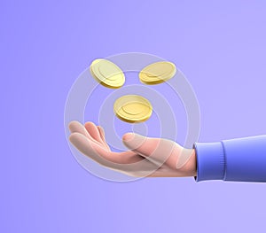 3D Hand with falling coins, money-saving, online payment, and payment concept