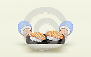 3d hand hold salmon onigiri sushi with food tray, japanese food isolated concept, 3d render illustration