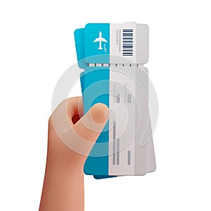3d hand holding boarding pass tickets isolated on white background. Concept of travelling, tourism, vacation. Airport