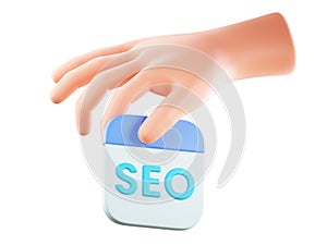 3D Hand holding button SEO. Web analytics and seo marketing social media concept for website strategy and research planning,