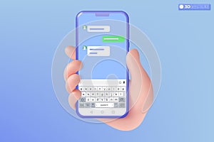 3d hand holding mobile phone chat application icon symbol. Chatting message, QWERTY, Speech bubble, Instant messenger template