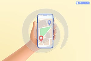 3d hand holding mobile phone with pinpoint on the map icon symbol. delivery tracking, location, destination, gps map navigation