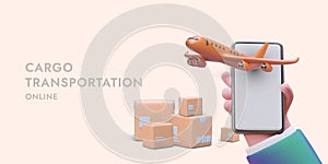 3D hand holding smartphone from which plane takes off. Air freight services