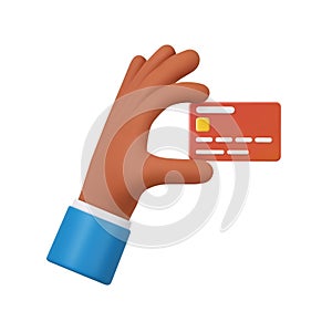 3D hand holds debit or credit card. .