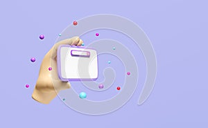 3D hand holds mobile phone, smartphone icons, search engine  with search bar, magnifying isolated on purple background. online