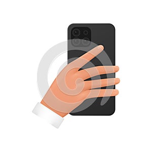 3D hand of man holding mobile phone with camera to make photo, back view of smartphone