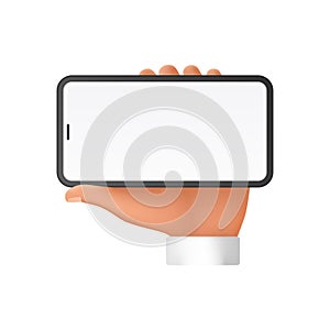 3D hand of man using smartphone with blank white screen in horizontal position