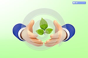 3d hand protect Light bulb transparency and green leaf icon symbol. develop environment, ecology, idea metaphor. ecology concept.