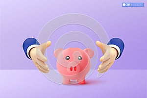 3d hand shielding protect piggy bank icon symbol. protect money from inflation or economic crisis. insurance, wealth management