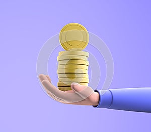 3D hand with a stack of coins, saving money, online payments and payment concept.