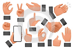 3d hands of businessman with different gestures set, arm pointing, holding phone and fist